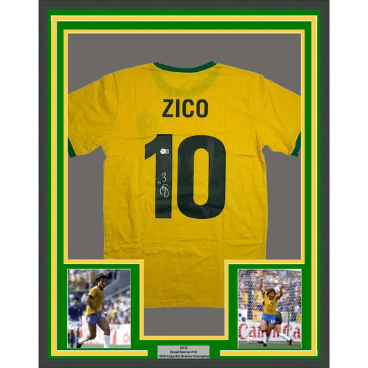 Framed Autographed/Signed Zico 35x39 Brazil Yellow Soccer Futbol Jersey Beckett BAS COA