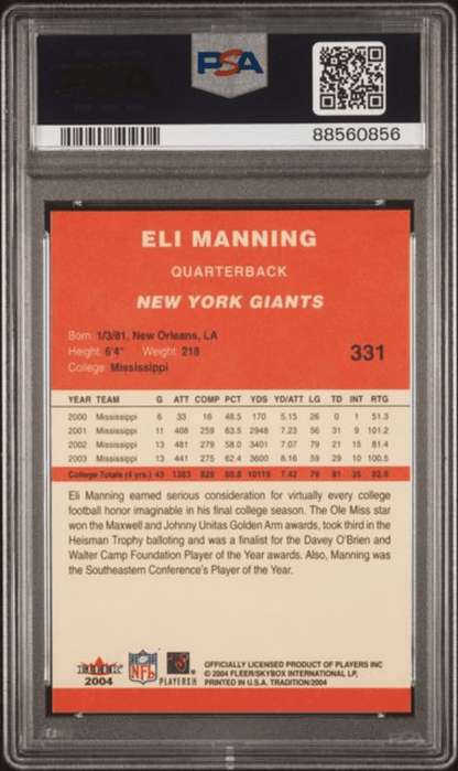 Graded 2004 Fleer Tradition Eli Manning #331 Rookie RC Football Card PSA 10 Gem Mint