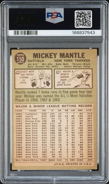 Graded 1967 Topps Mickey Mantle #150 Baseball Card PSA 3 Very Good