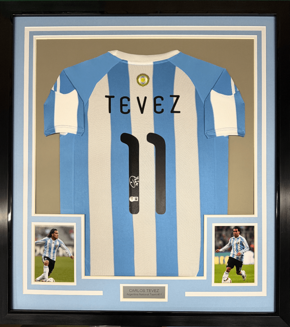 Framed Autographed/Signed Carlos Tevez 35x39 Argentina Blue Soccer World Cup Jersey Beckett BAS COA