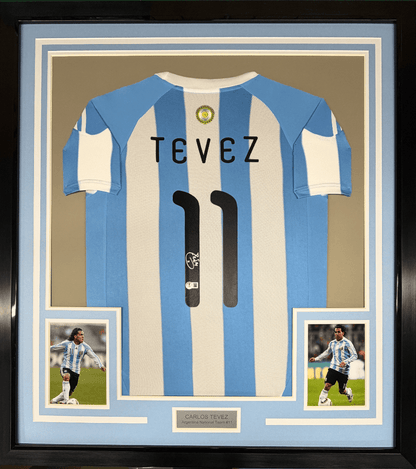 Framed Autographed/Signed Carlos Tevez 35x39 Argentina Blue Soccer World Cup Jersey Beckett BAS COA