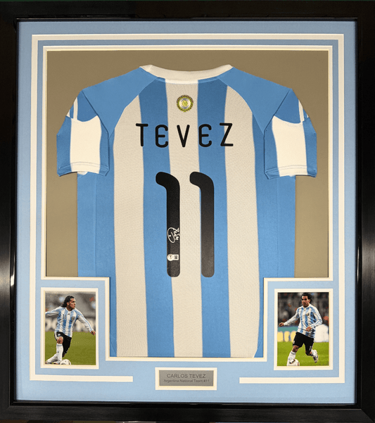 Framed Autographed/Signed Carlos Tevez 35x39 Argentina Blue Soccer World Cup Jersey Beckett BAS COA