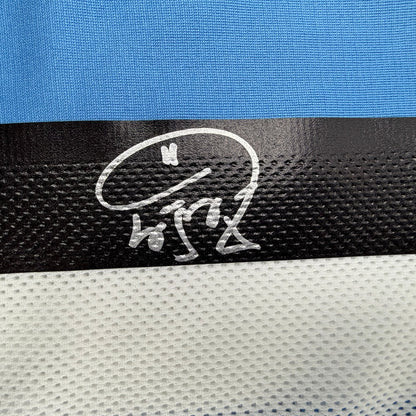 Framed Autographed/Signed Carlos Tevez 35x39 Argentina Blue Soccer World Cup Jersey Beckett BAS COA