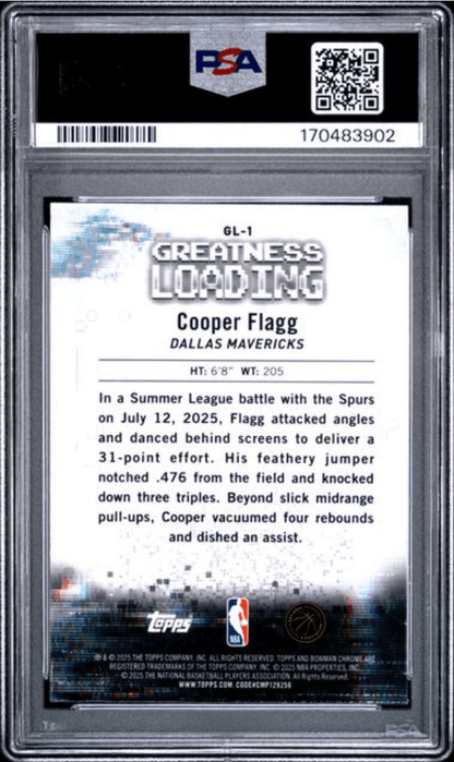 Graded 2025 Topps Bowman Cooper Flagg #GL1 Greatness Loading Rookie RC Basketball Card PSA 10 Gem Mint