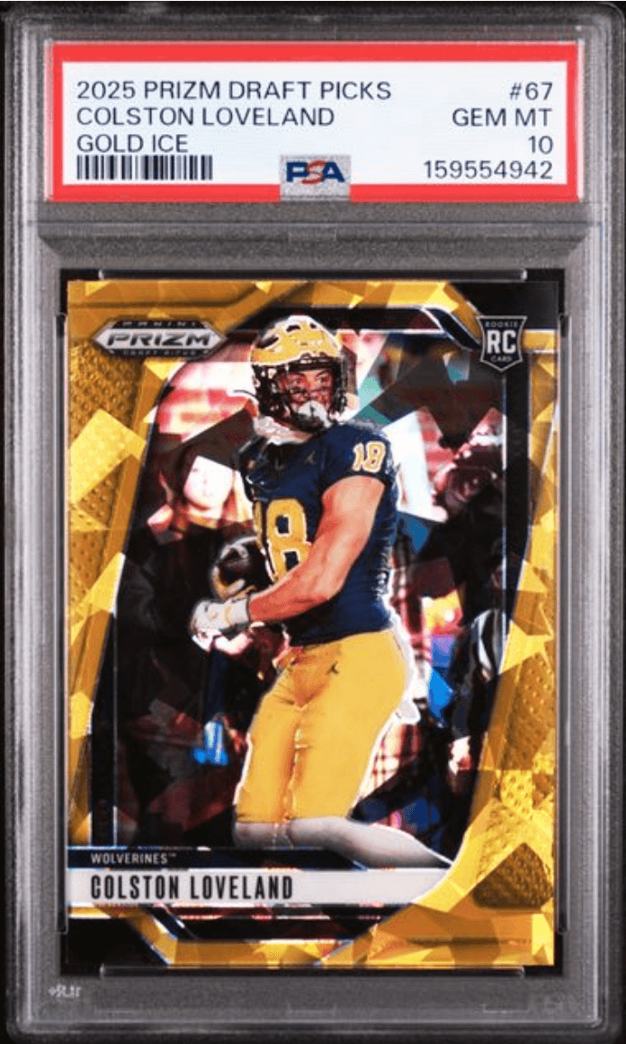 Graded 2025 Panini Prizm Draft Picks Colston Loveland #67 Gold Ice Rookie RC Football Card PSA 10 Gem Mint