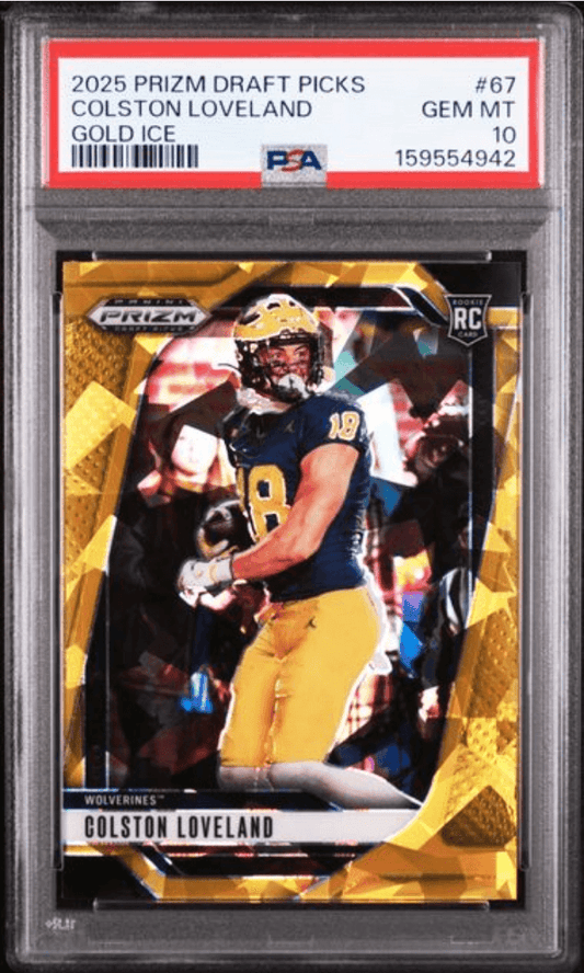 Graded 2025 Panini Prizm Draft Picks Colston Loveland #67 Gold Ice Rookie RC Football Card PSA 10 Gem Mint
