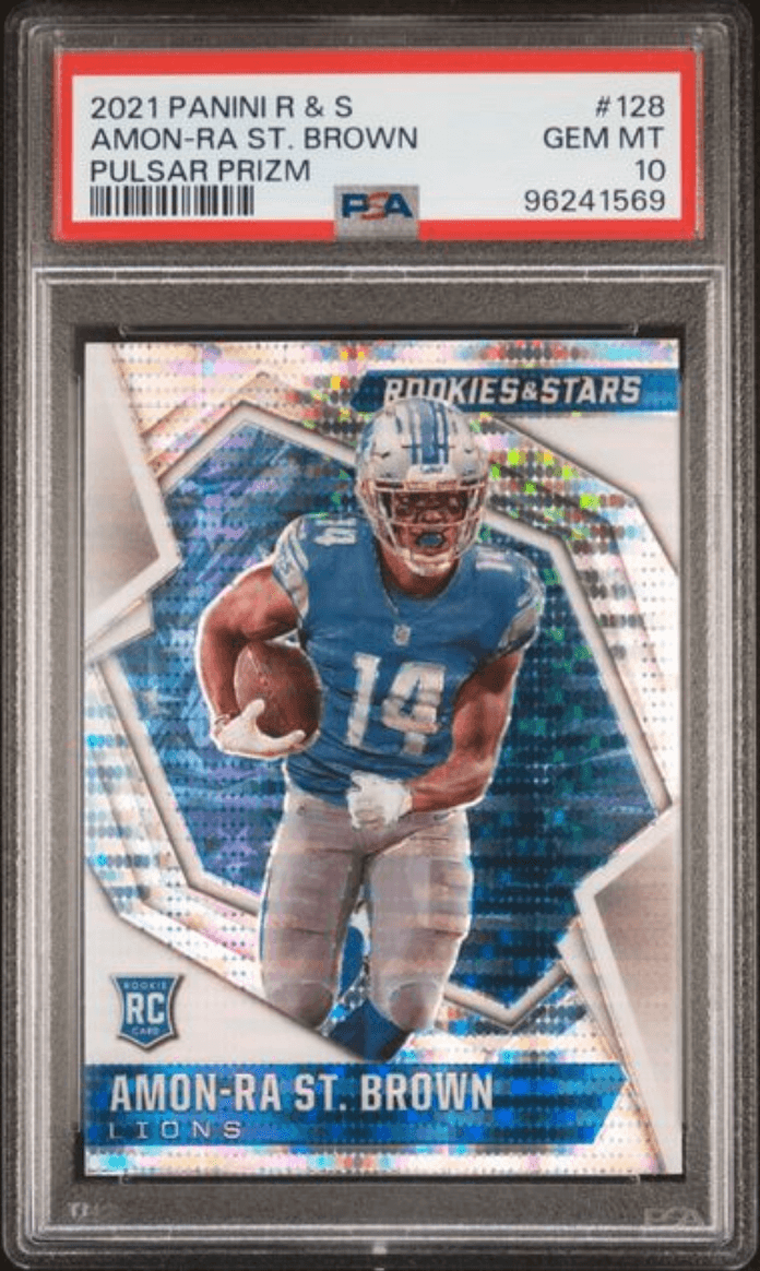 Graded 2021 Panini Rookies & Stars Amon-Ra St. Brown #128 Pulsar Prizm Rookie RC Football Card PSA 10 Gem Mint