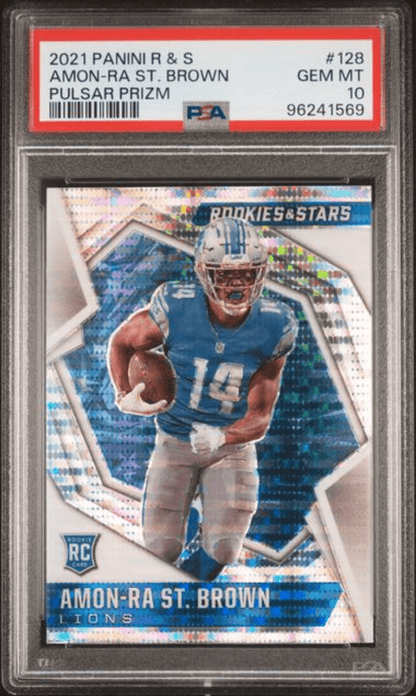 Graded 2021 Panini Rookies & Stars Amon-Ra St. Brown #128 Pulsar Prizm Rookie RC Football Card PSA 10 Gem Mint