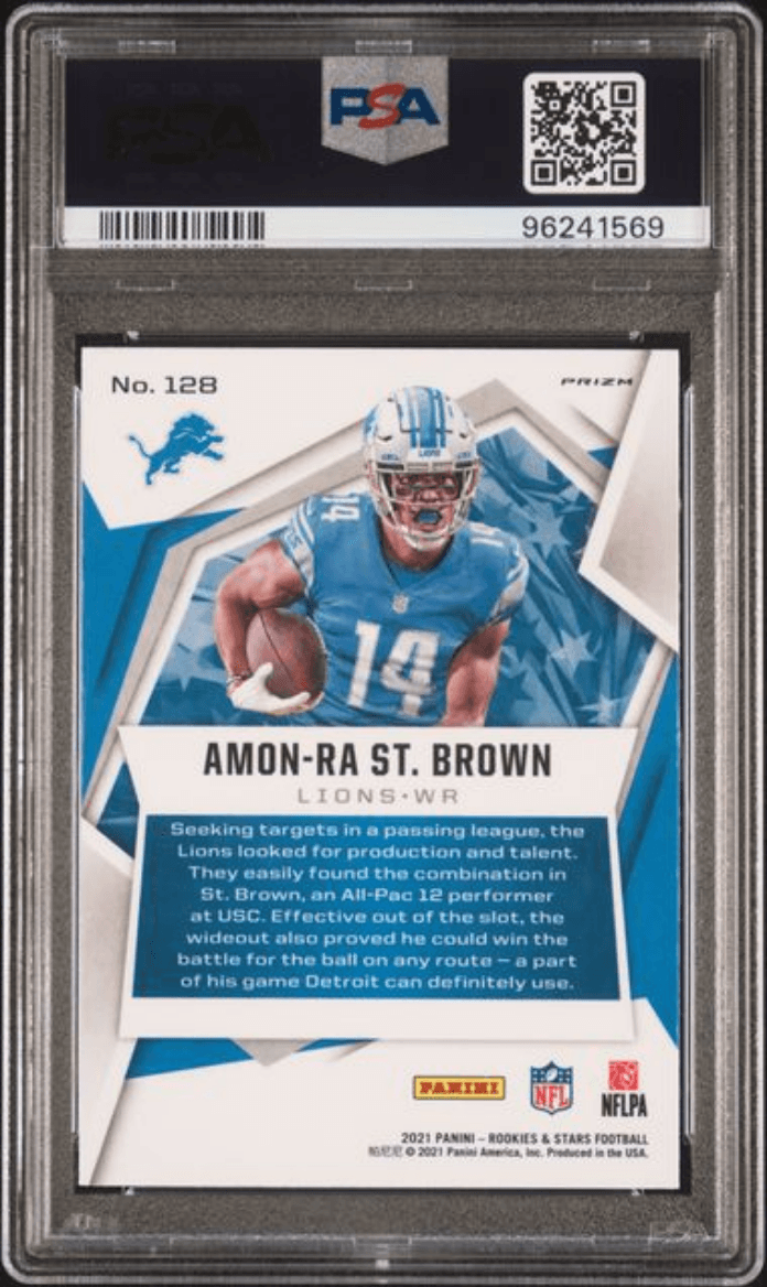 Graded 2021 Panini Rookies & Stars Amon-Ra St. Brown #128 Pulsar Prizm Rookie RC Football Card PSA 10 Gem Mint