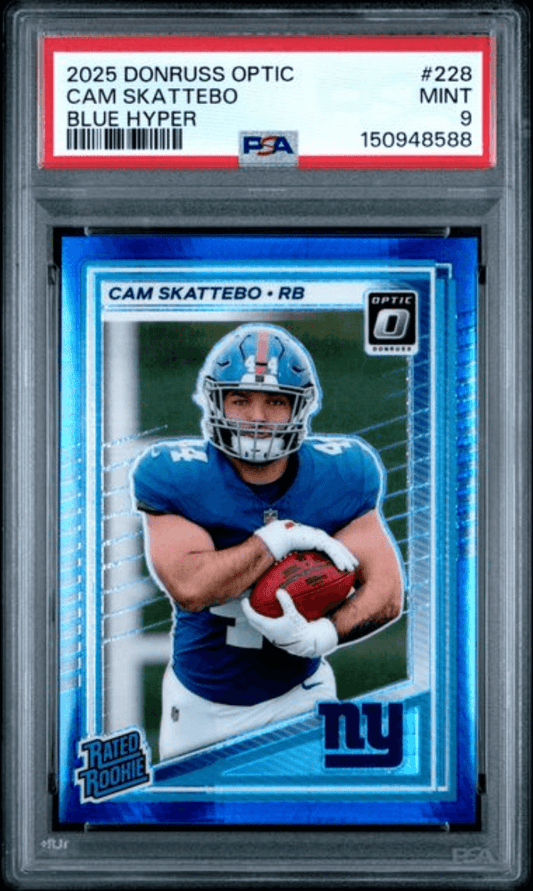 Graded 2025 Panini Donruss Optic Cam Skattebo #228 Blue Hyper Rookie RC Football Card PSA 9 Mint