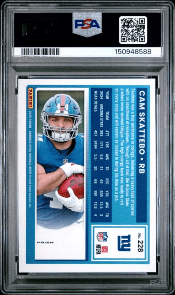 Graded 2025 Panini Donruss Optic Cam Skattebo #228 Blue Hyper Rookie RC Football Card PSA 9 Mint