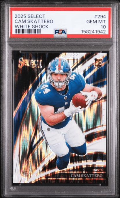 Graded 2025 Panini Select Cam Skattebo #294 White Shock /799 Rookie RC Football Card PSA 10 Gem Mint