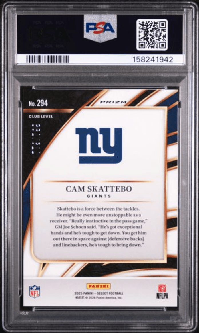 Graded 2025 Panini Select Cam Skattebo #294 White Shock /799 Rookie RC Football Card PSA 10 Gem Mint