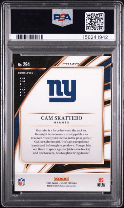 Graded 2025 Panini Select Cam Skattebo #294 White Shock /799 Rookie RC Football Card PSA 10 Gem Mint