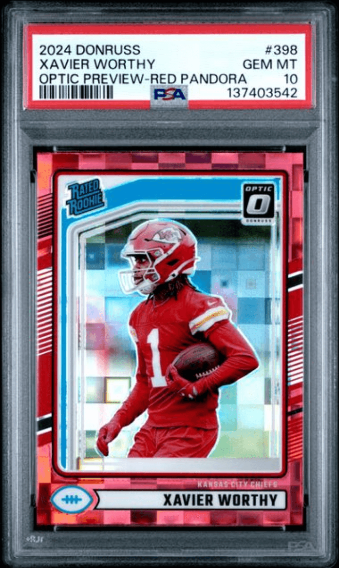 Graded 2024 Panini Donruss Xavier Worthy #398 Optic Preview Red Pandora Rookie RC Football Card PSA 10 Gem Mint