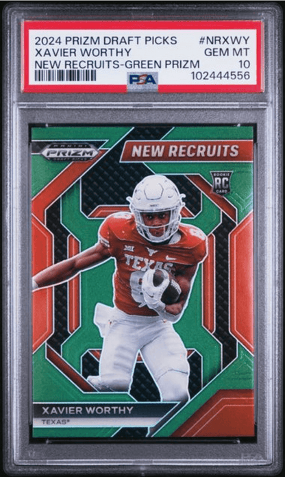Graded 2024 Panini Prizm Draft Picks Xavier Worthy #NRXWY New Recruits Green Prizm Rookie RC Football Card PSA 10 Gem Mint