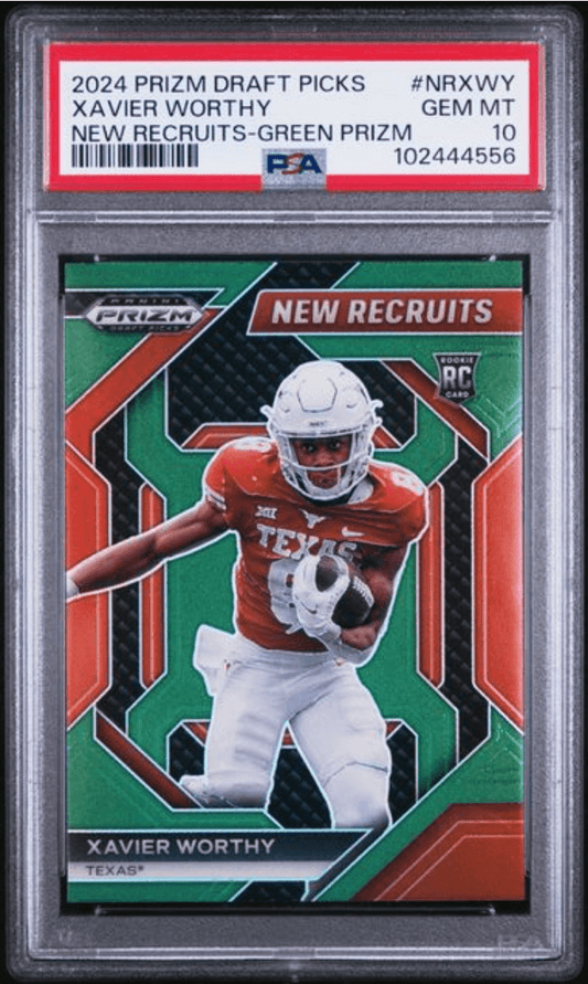 Graded 2024 Panini Prizm Draft Picks Xavier Worthy #NRXWY New Recruits Green Prizm Rookie RC Football Card PSA 10 Gem Mint