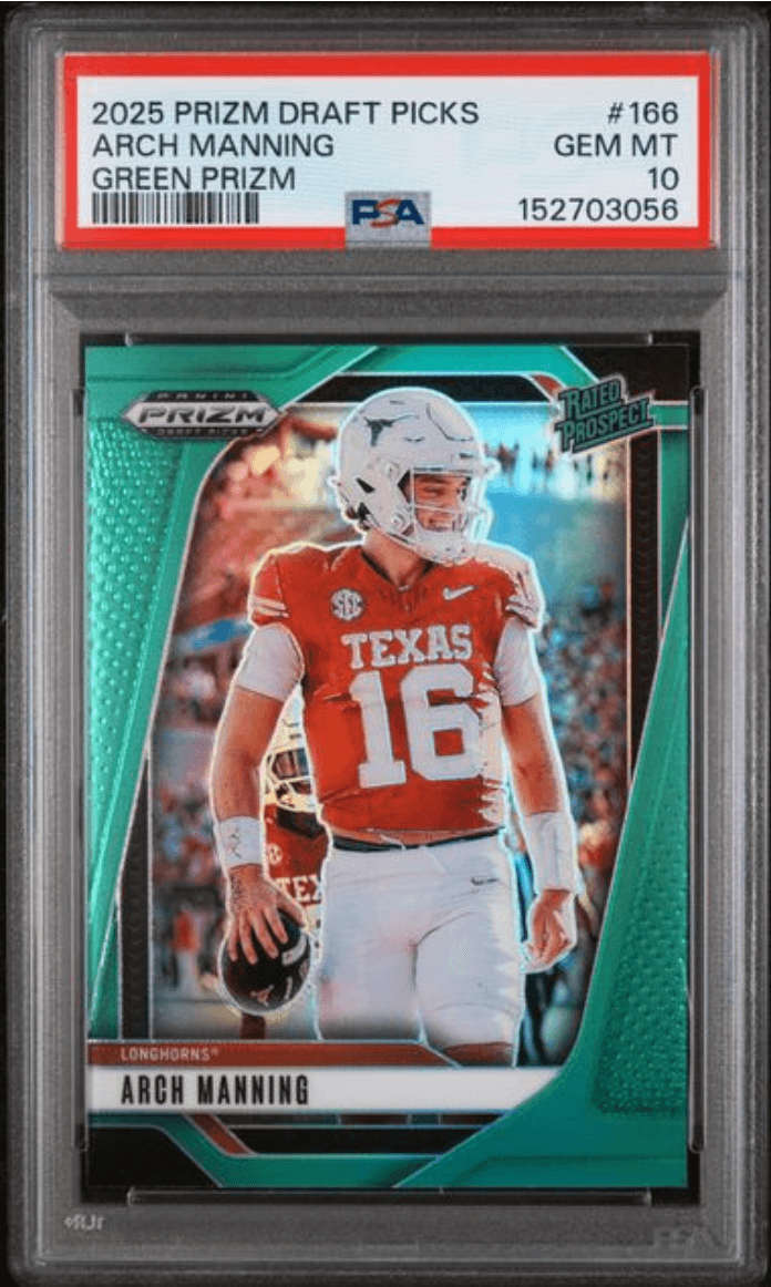 Graded 2025 Panini Prizm Draft Picks Arch Manning #166 Green Prizm Rookie RC Football Card PSA 10 Gem Mint