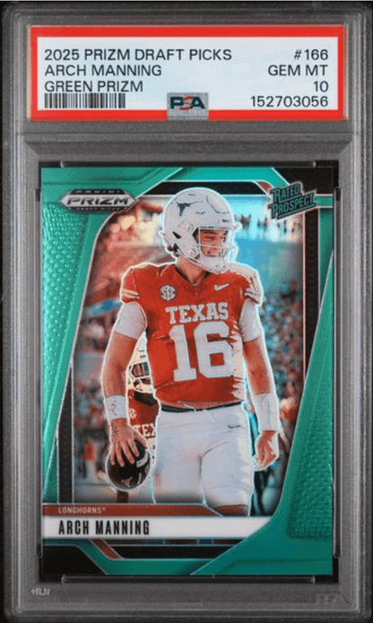 Graded 2025 Panini Prizm Draft Picks Arch Manning #166 Green Prizm Rookie RC Football Card PSA 10 Gem Mint