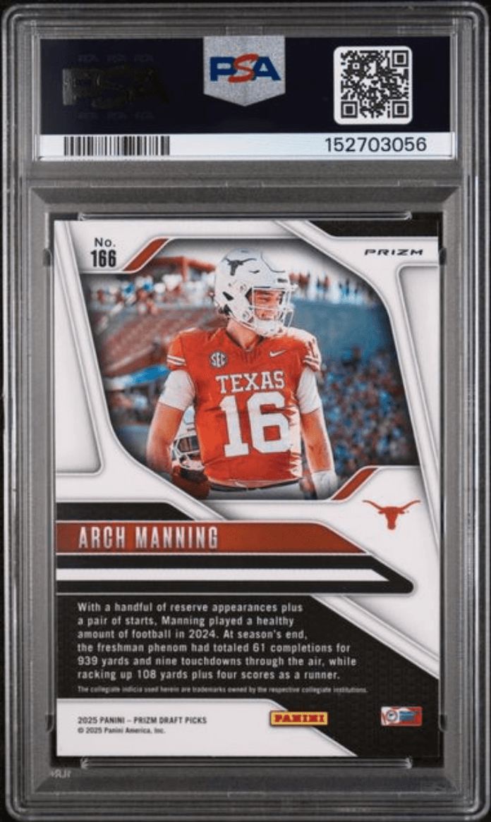 Graded 2025 Panini Prizm Draft Picks Arch Manning #166 Green Prizm Rookie RC Football Card PSA 10 Gem Mint