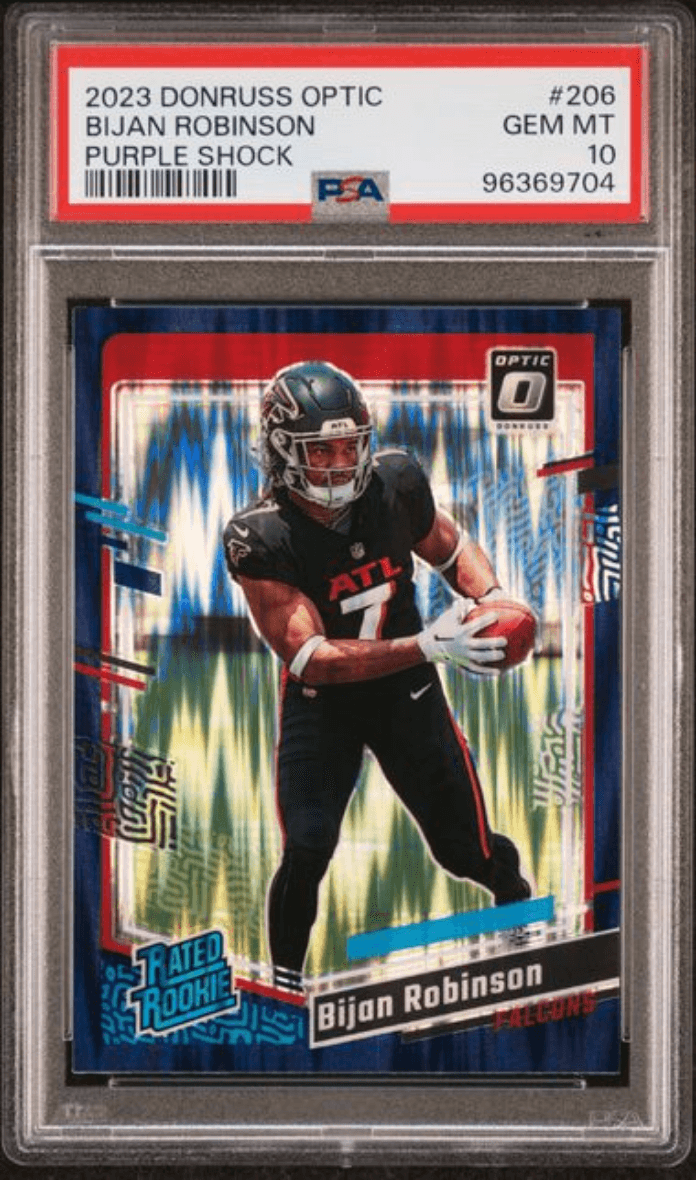 Graded 2023 Panini Donruss Optic Bijan Robinson #206 Purple Shock Rookie RC Football Card PSA 10 Gem Mint