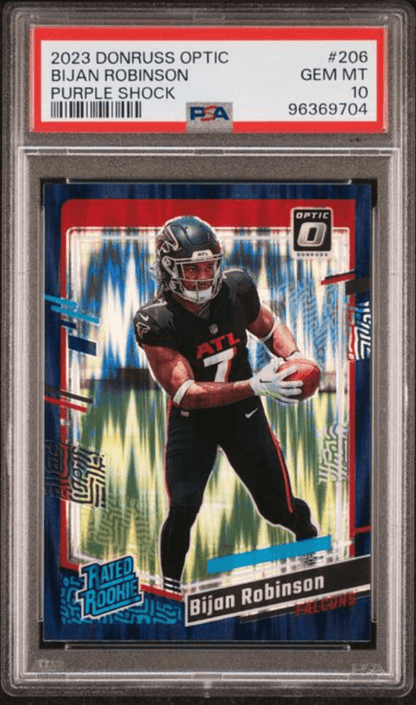 Graded 2023 Panini Donruss Optic Bijan Robinson #206 Purple Shock Rookie RC Football Card PSA 10 Gem Mint