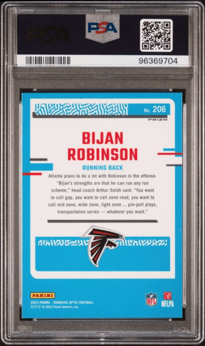 Graded 2023 Panini Donruss Optic Bijan Robinson #206 Purple Shock Rookie RC Football Card PSA 10 Gem Mint