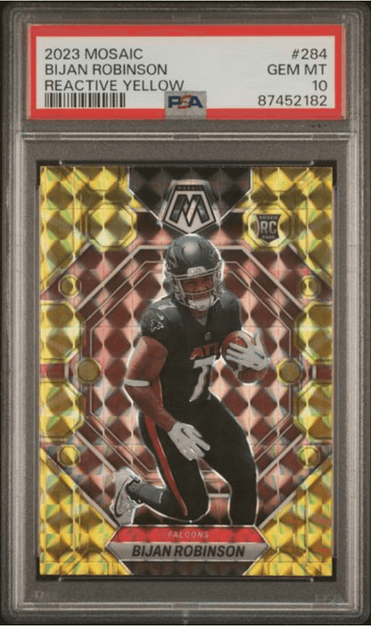Graded 2023 Panini Mosaic Bijan Robinson #284 Reactive Yellow Rookie RC Football Card PSA 10 Gem Mint