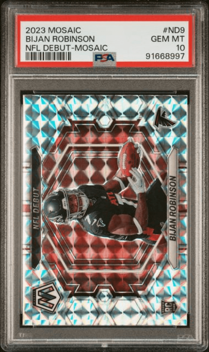 Graded 2023 Panini Mosaic Bijan Robinson #ND9 NFL Debut Mosaic Rookie RC Football Card PSA 10 Gem Mint