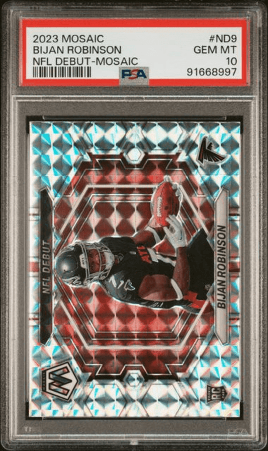 Graded 2023 Panini Mosaic Bijan Robinson #ND9 NFL Debut Mosaic Rookie RC Football Card PSA 10 Gem Mint