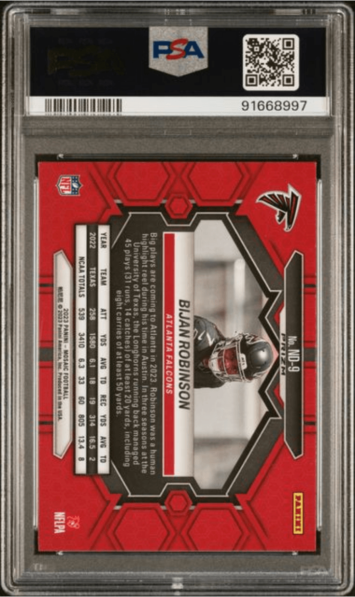 Graded 2023 Panini Mosaic Bijan Robinson #ND9 NFL Debut Mosaic Rookie RC Football Card PSA 10 Gem Mint