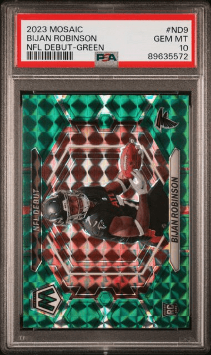 Graded 2023 Panini Mosaic Bijan Robinson #ND9 NFL Debut Green Rookie RC Football Card PSA 10 Gem Mint