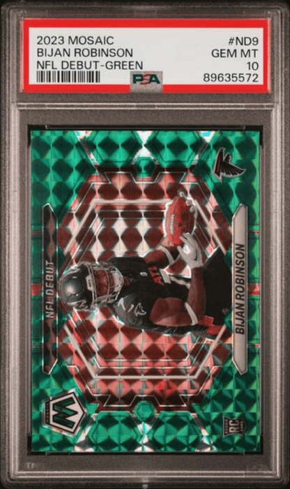 Graded 2023 Panini Mosaic Bijan Robinson #ND9 NFL Debut Green Rookie RC Football Card PSA 10 Gem Mint
