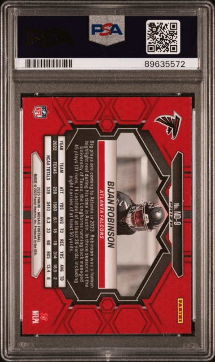 Graded 2023 Panini Mosaic Bijan Robinson #ND9 NFL Debut Green Rookie RC Football Card PSA 10 Gem Mint