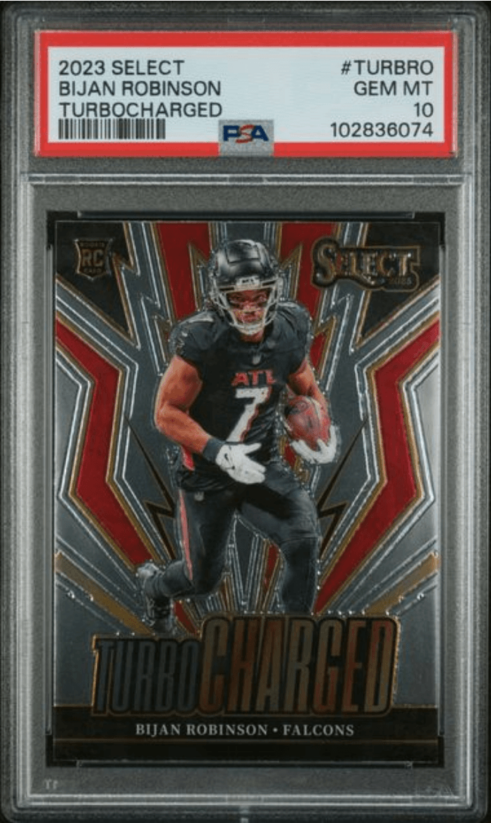 Graded 2023 Panini Select Bijan Robinson #TURBRO Turbocharged Rookie RC Football Card PSA 10 Gem Mint