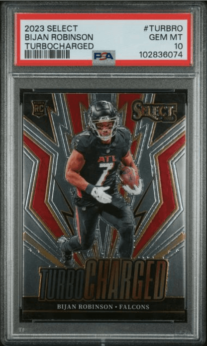 Graded 2023 Panini Select Bijan Robinson #TURBRO Turbocharged Rookie RC Football Card PSA 10 Gem Mint