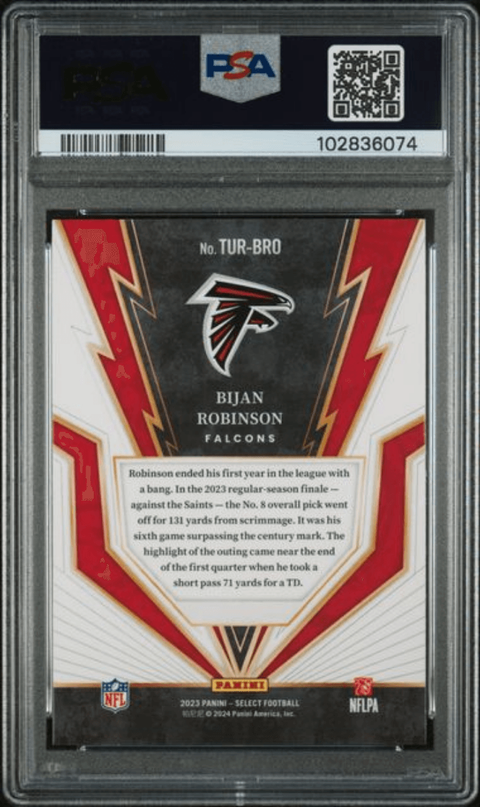 Graded 2023 Panini Select Bijan Robinson #TURBRO Turbocharged Rookie RC Football Card PSA 10 Gem Mint