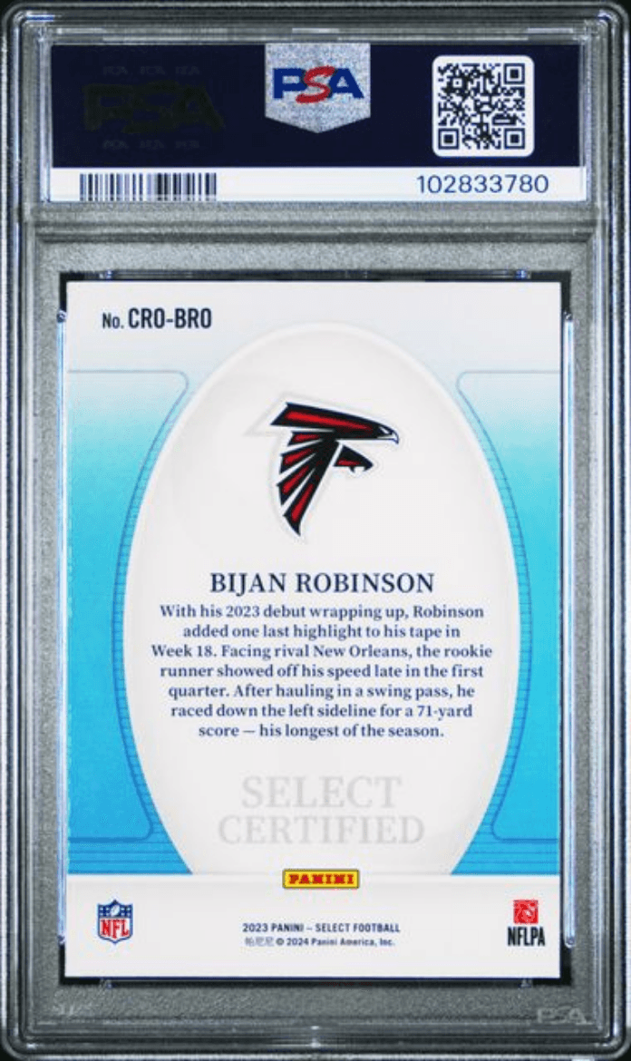 Graded 2023 Panini Select Bijan Robinson #CROBRO Certified Rookies Rookie RC Football Card PSA 9 Mint