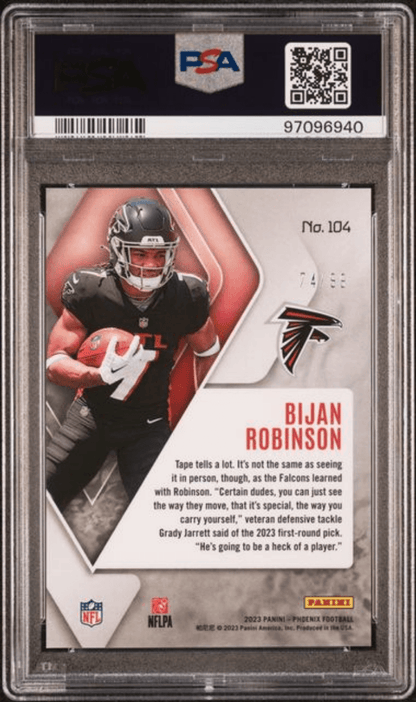 Graded 2023 Panini Phoenix Bijan Robinson #104 Orange /99 Rookie RC Football Card PSA 10 Gem Mint