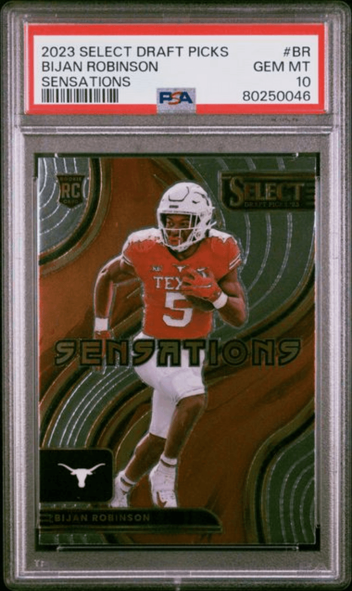 Graded 2023 Panini Select Draft Picks Bijan Robinson #BR Sensations Rookie RC Football Card PSA 10 Gem Mint