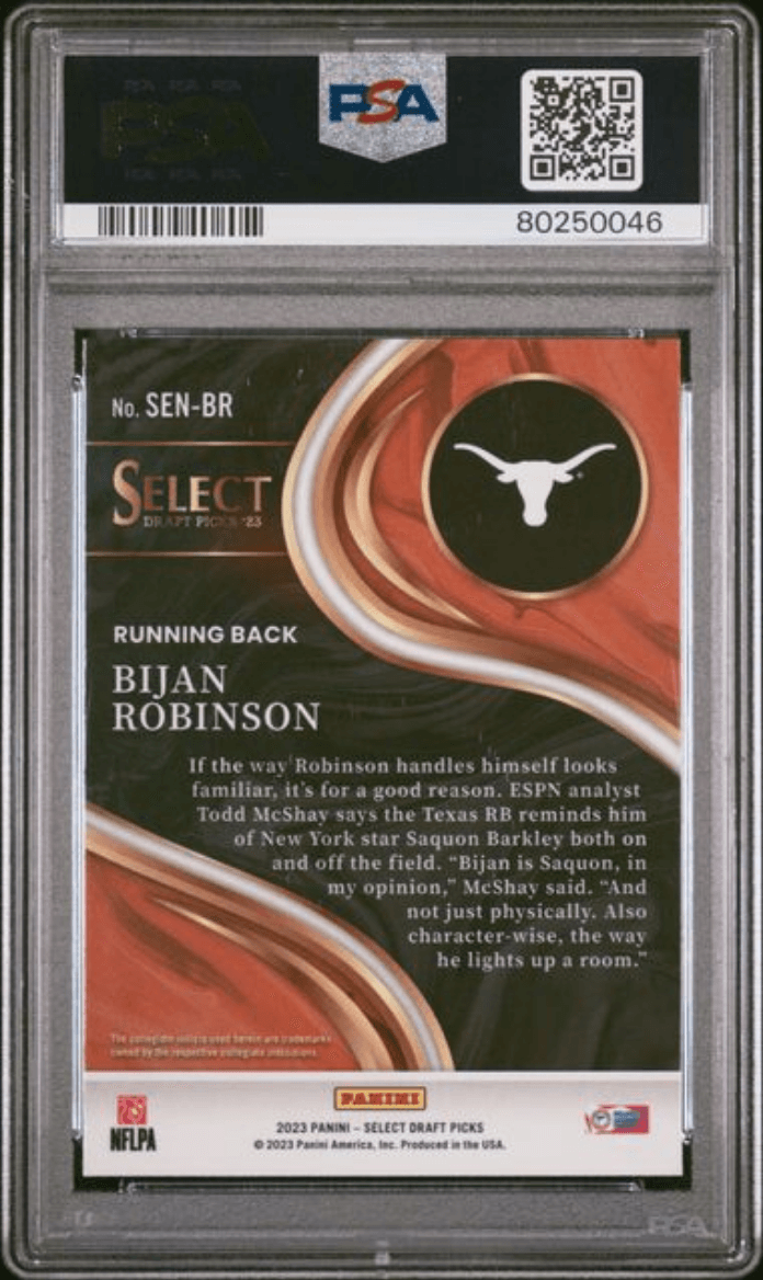 Graded 2023 Panini Select Draft Picks Bijan Robinson #BR Sensations Rookie RC Football Card PSA 10 Gem Mint