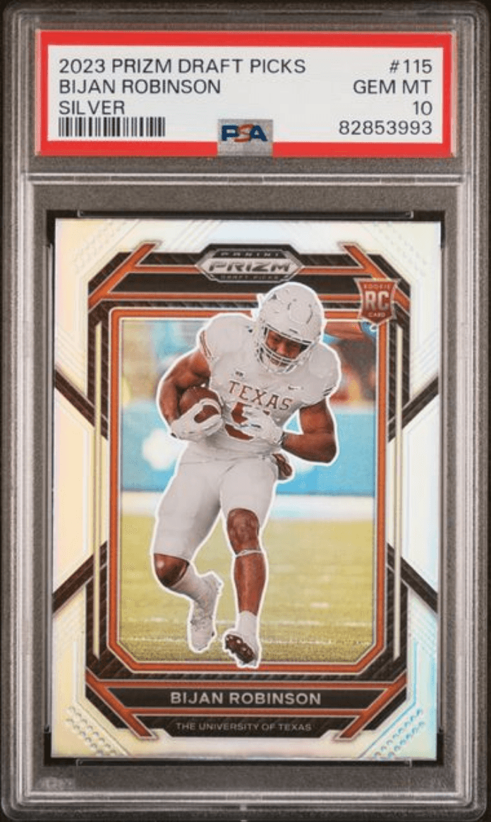 Graded 2023 Panini Prizm Draft Picks Bijan Robinson #115 Silver Rookie RC Football Card PSA 10 Gem Mint