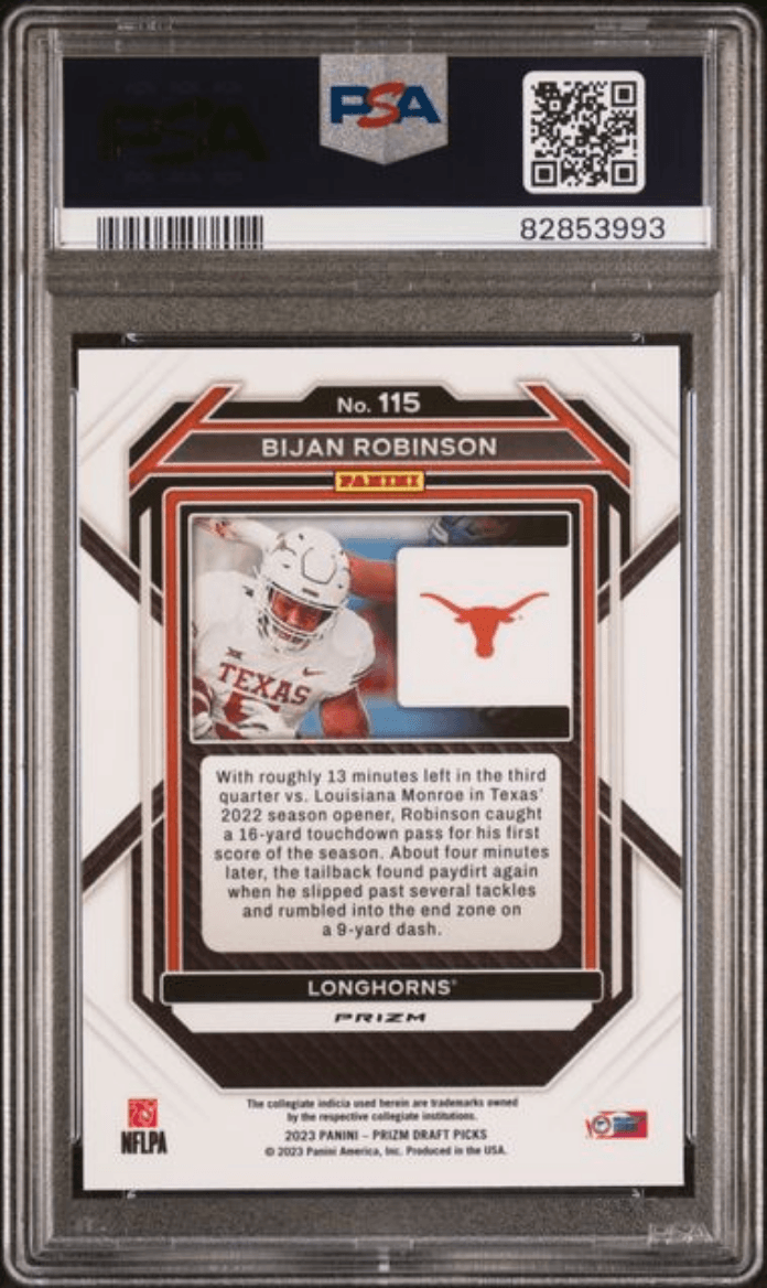 Graded 2023 Panini Prizm Draft Picks Bijan Robinson #115 Silver Rookie RC Football Card PSA 10 Gem Mint