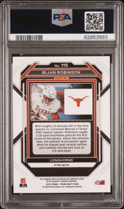 Graded 2023 Panini Prizm Draft Picks Bijan Robinson #115 Silver Rookie RC Football Card PSA 10 Gem Mint