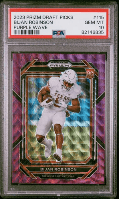 Graded 2023 Panini Prizm Draft Picks Bijan Robinson #115 Purple Wave Rookie RC Football Card PSA 10 Gem Mint