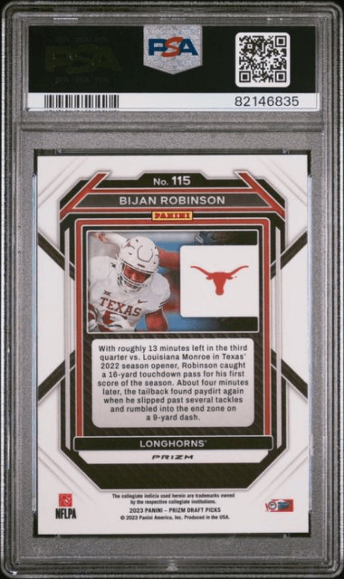 Graded 2023 Panini Prizm Draft Picks Bijan Robinson #115 Purple Wave Rookie RC Football Card PSA 10 Gem Mint
