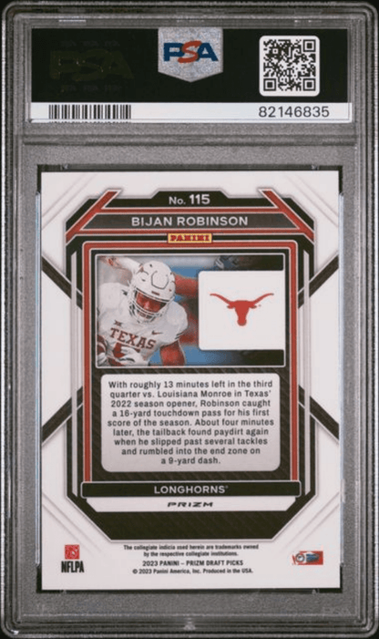 Graded 2023 Panini Prizm Draft Picks Bijan Robinson #115 Purple Wave Rookie RC Football Card PSA 10 Gem Mint