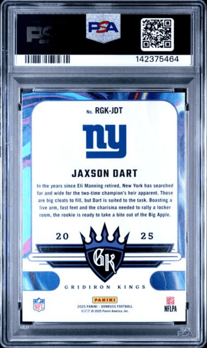 Graded 2025 Panini Donruss Jaxson Dart #RGKJDT Rookie Gridiron Kings Rookie RC Football Card PSA 9 Mint