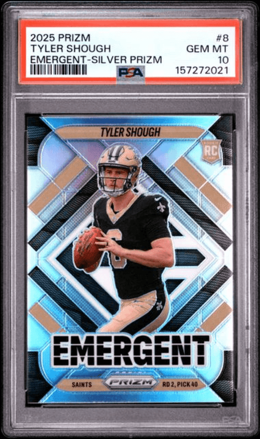 Graded 2025 Panini Prizm Tyler Shough #8 Emergent Silver Prizm Rookie RC Football Card PSA 10 Gem Mint