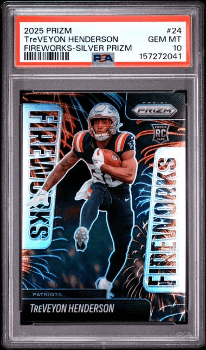 Graded 2025 Panini Prizm TreVeyon Henderson #24 Fireworks Silver Prizm Rookie RC Football Card PSA 10 Gem Mint